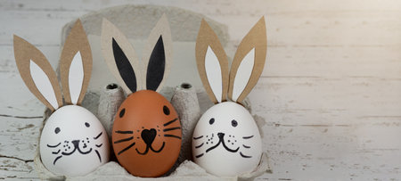 Happy Easter background banner panorama greeting card -Close-up from white and brown cute funny...