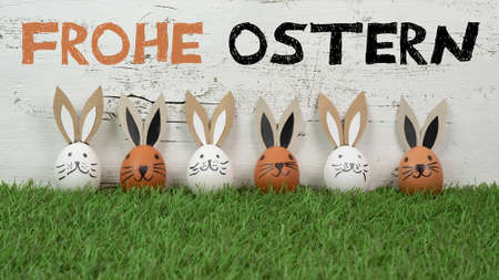 Happy Easter background greeting card - Many brown and white Easter eggs with bunny ears / Easter...