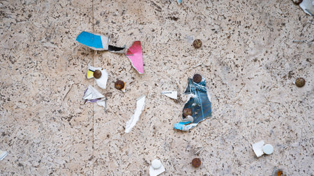 Old abstract dirty wooden advertisement billboard with staples and old torn paper posters texture background bannercの写真素材