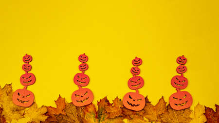 HALLOWEEN background banner wide panoramic panorama template -Scary carved luminous cartoon wooden...