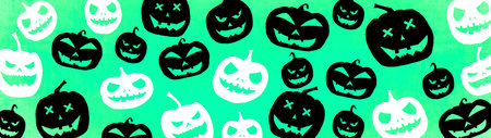 HALLOWEEN symbol background banner wide panoramic panorama template design -Top view Silhouette of scary carved luminous cartoon pumpkins isolated on green turquoise aquamarine textureの写真素材