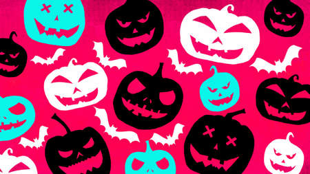 HALLOWEEN symbol background template design -White black turquoise silhouette of scary carved luminous cartoon pumpkins and bats isolated on pink textureの写真素材
