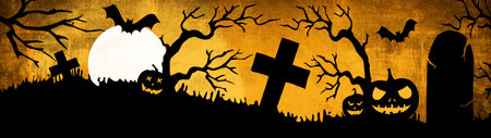 HALLOWEEN background banner wide panoramic panorama template -Silhouette of scary carved luminous cartoon pumpkins, trees, bat and cross in dark orange yellow night in a cemetery with full moonの写真素材