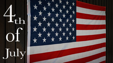 Happy 4th of July - Independence Day USA background template greeting card - Waving American flag on rustic wooden boards, wood wallの写真素材