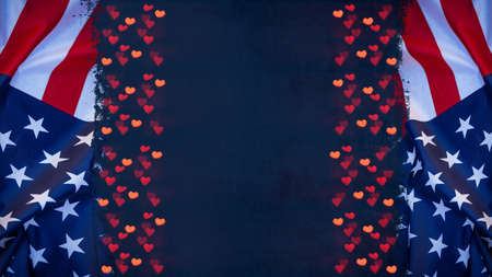 USA background banner template greeting card - Waving American flag and heart bokeh lights - 4th of...