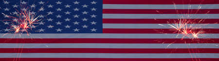 USA background banner panorama template greeting card - American flag - 4th of July, Memorial Day, Veteran's Day, or other patriotic celebration and sparkling fireworkの写真素材