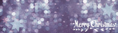 Merry Christmas festive celebration background banner panorama greeting card - Stars branches and hand lettering, on purple white texture, with abstract bokeh lightsの写真素材