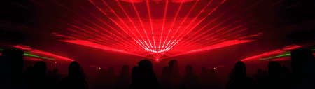 Lasershow festival disco party background banner panorama - Colorful outdoor laser show with rays streams and crowd silhouette of party peopleの写真素材