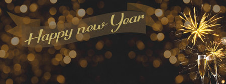 HAPPY NEW YEAR 2022 - Festive silvester background panorama banner long - Golden yellow firework and champagne classes toasting on black night texture with bokeh lightsの写真素材