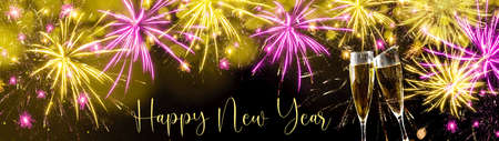 Happy New Year - Silvester background banner - Sparkling sparklers, golden pink firework champagne...