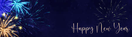 Happy New Year Party Fireworks background banner panorama long- Colorful firework in the dark blue...