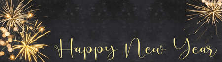 Happy New Year Festival Fireworks Party background banner panorama long- golden firework in the dark black night, New Year's Eveの写真素材