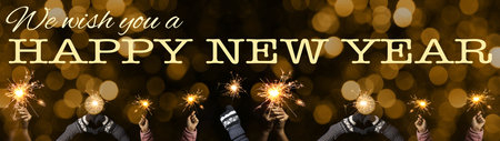 We wish you a Happy New Year background banner greeting card - Group of happy people / family holding sparkling sparklers in her hands at dark night, with golden bokeh lights, New Year's Eveの写真素材