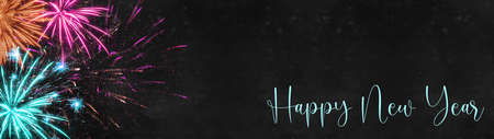 Happy New Year Party Fireworks background banner panorama long- Colorful firework in the dark black night, New Year's Eveの写真素材