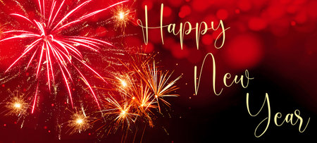 Happy new Year background - Abstract colorful firework with red bokeh lights in the dark black...