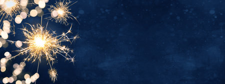 Silvester New Year Festival Party background banner panorama long- Sparkling sparklers in the dark blue night, New Year's Eveの写真素材