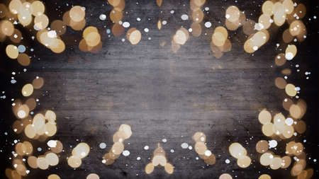winter / Advent / christmas Background template - Frame made of snow with snowflakes and bokeh lights on black gray wooden texture, top view with space for textの写真素材