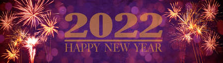 Happy New Year Party Silvester background banner panorama long- Golden yellow firework on rustic...