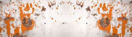 Rusty abstract white orange painted scratched peeled exfoliated metal texture background banner,...