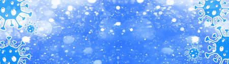 CORONAVIRUS background banner panorama illustration - Microbiology And Virology Concept - Abstract blue and orange virus symbol isolated on blue snowy snow sky abstract texture (complementary colors)の写真素材