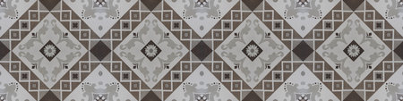 Old gray grey brown vintage shabby patchwork mosaic tiles stone concrete cement wall texture background banner, with flower leaf rhombus diamond rue lozenge square print patternの写真素材