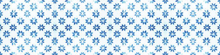 Old blue white vintage worn shabby seamless square patchwork tiles stone concrete cement wall texture wide background banner panorama wallpaper, with flower printの写真素材