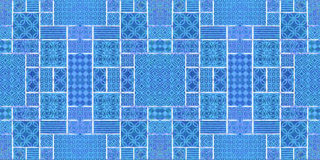 Blue white vintage retro geometric square rectangle mosaic stamp art motif cement tiles print...