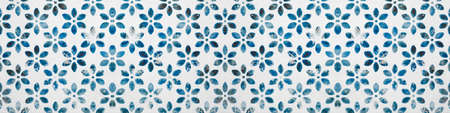 White vintage shabby tiles texture with blue flower blossom motif print Background banner long