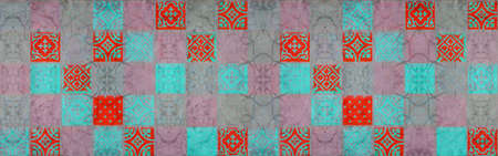 Abstract seamless colorful gray red turquoise orange mosaic concrete cement tiles wall wallpaper...