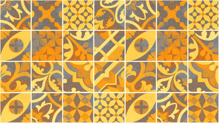 Abstract seamless colorful gray yellow orange patchwork mosaic concrete cement tiles wall wallpaper pattern texture backgroundの写真素材