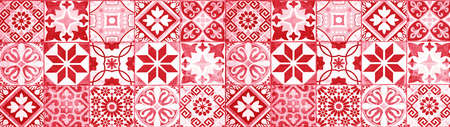Colorful abstract red white vintage retro geometric square mosaic motif tiles texture wide...