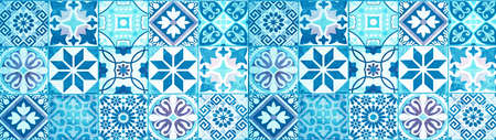 Colorful abstract blue indigo white vintage retro geometric square mosaic motif tiles texture wide...