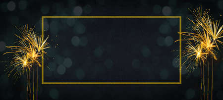 HAPPY NEW YEAR 2022, Festival, Event, festive decorative celebration Holiday, New Year's Eve Party banner panorama illustration - Golden empty frame with space for text and fireworks on dark black green night texture backgroundの写真素材