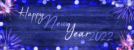 Frame of lights bokeh golden flares and fireworks, isolated on rustic abstract blue wooden texture -...