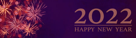 HAPPY NEW YEAR 2022 typography, festive decorative celebration New Year's Eve Party banner panorama illustration - Lettering and red fireworks on dark purple night texture backgroundの写真素材
