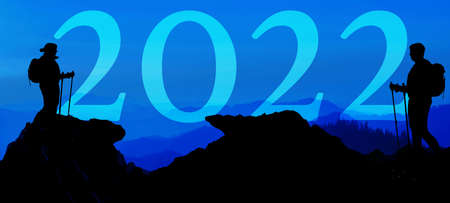 NEW YEAR 2022 - Blue black landscape hiking background banner panorama illustration - Breathtaking...