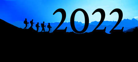 NEW YEAR 2022 - Blue black landscape hiking background banner panorama illustration - Breathtaking view with black silhouette of mountains, hills, forest and a group of young hikersの写真素材