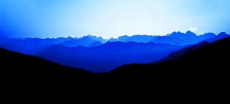 Landscape background banner panorama illustration - Amazing view with black silhouette of mountains,...
