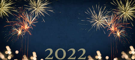 Silvester 2022 New year New Year's Eve Party background banner - firework fireworks on dark blue night sky textureの写真素材