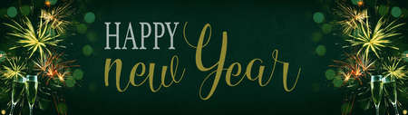 HAPPY NEW YEAR 2022 New Year's Eve Holiday Event Party Silvester background panorama banner - Fireworks, toasting Champagne glasses, bokeh lights and Typography on dark night sky textureの写真素材