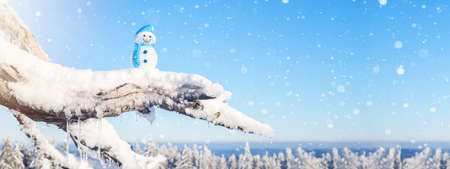Winter snow snowman background panoramic banner panorama - Little cute Snowman sits on branch of tree in snow snowy black forest landscape with snowflakes and sunshineの写真素材