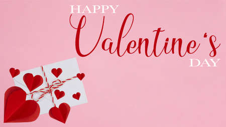 Valentine's day Love background greeting card - White envelope with white red ribbon, red hearts and...