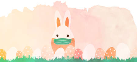 CORONAVIRUS: Happy Easter background panorama banner greeting card - Easter bunny rabbit with mouth...