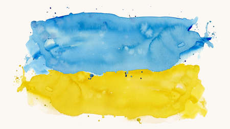 Abstract patriotic brushstroke paint brush splash in the colors of the flag of Ukraine, isolated on aquarelle paper backgroundの写真素材