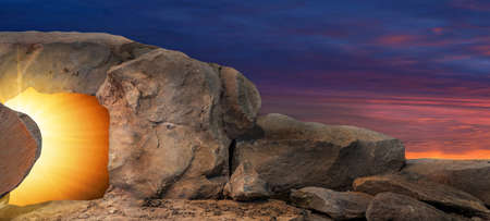 Easter religious background greeting card - crucifixion and resurrection of Jesus Christ at Calvary (Golgotha), with brightly lit tombの写真素材