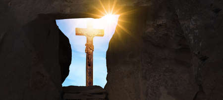 Easter background banner panorama, religious landscape - Crucifixion of Jesus Christ in Golgota /...