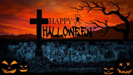 Halloween Card Party background - Pumpkins Cross and spider in Graveyard cementry with orange...