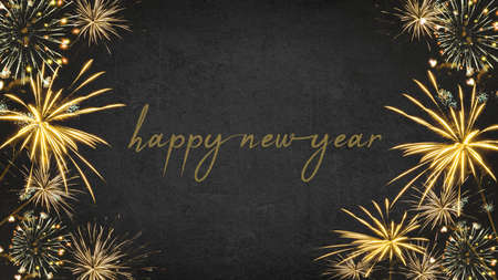 HAPPY NEW YEAR 2023 - Festive silvester New Year's Eve Party background greeting card - Golden fireworks in the dark black nightの写真素材
