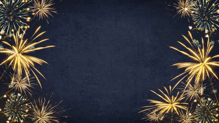 HAPPY NEW YEAR 2023 - Festive silvester New Year's Eve Party background greeting card - Golden fireworks in the dark blue nightの写真素材