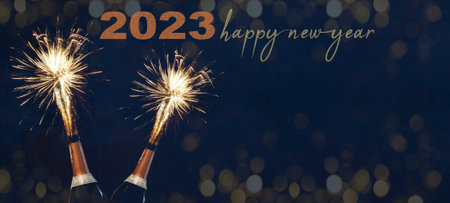HAPPY NEW YEAR 2023 celebration Silvester New Year's Eve Party background banner panorama greeting card - Champagne bottles with fireworks on dark night texture with bokeh lightsの写真素材